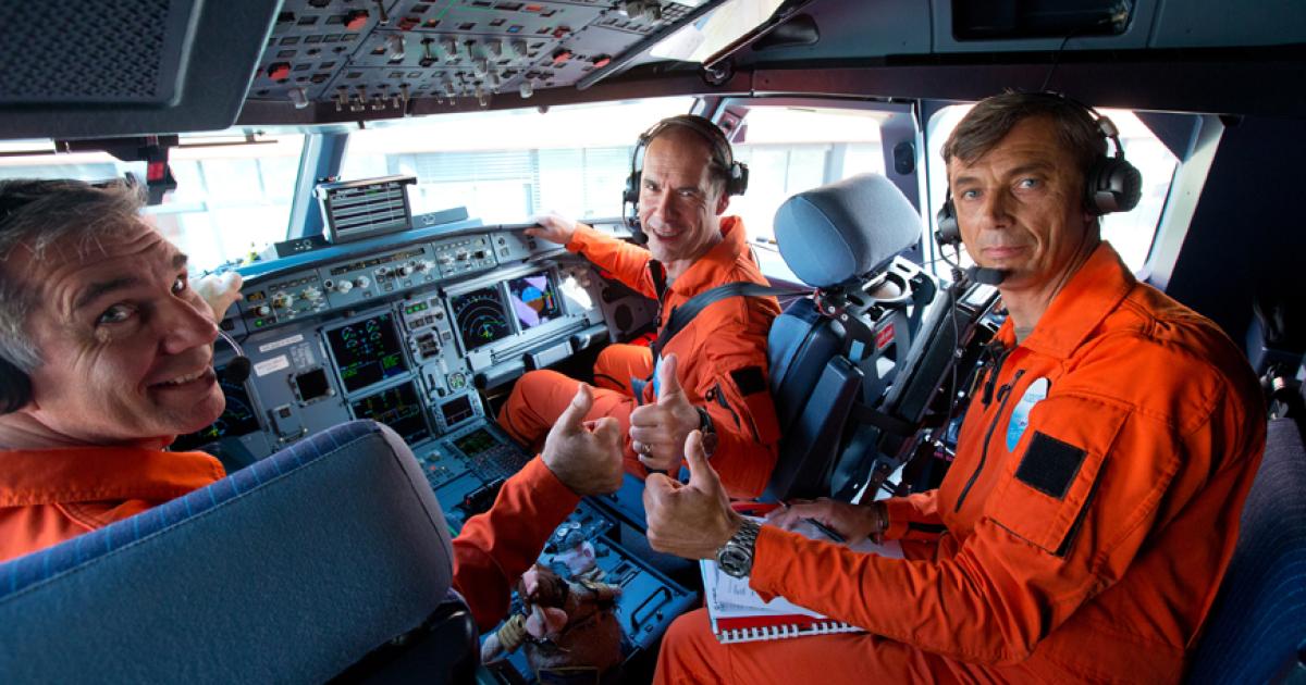 In the cockpit for the September 25 first flight of the Airbus A320neo were pilots Philippe Pellerin and Etienne Miche De Malleray, along with flight-test engineer Jean-Paul Lambert. [Photo: Airbus]