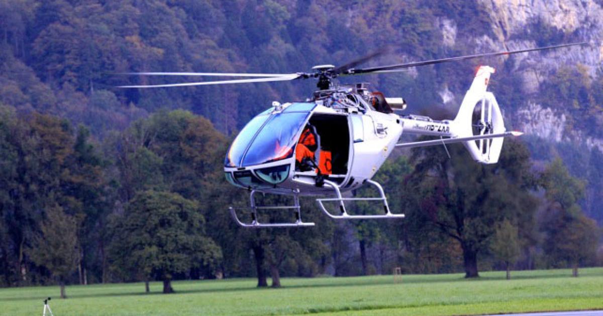 The first flight of Marenco Swisshelicopter's SKYe SH09 single-engine helicopter took place on October 2 in Molis, Switzerland. With chief test pilot Dwayne Williams at the controls, the all-composite helicopter performed five hover flights, accumulating 20 minutes in the air. (Photo: Marenco Swisshelicopter)