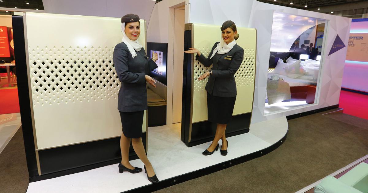 Etihad Airways is showcasing a mock up of its “Residence” A380 suites here at MEBA 2014. 
