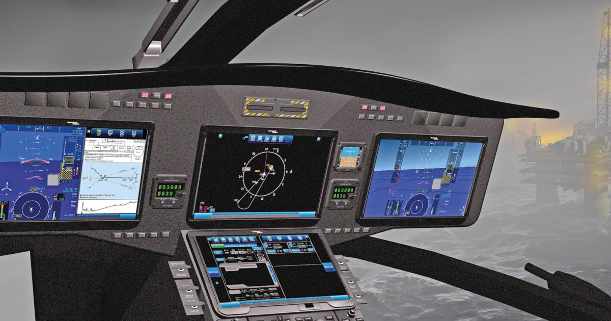 All the displays in this Pro Line Fusion flight deck are touchscreen-capable, but the choice of how to implement touchscreen capability and traditional controls depends
on the rotorcraft platform and operating environment, according to Rockwell Collins.