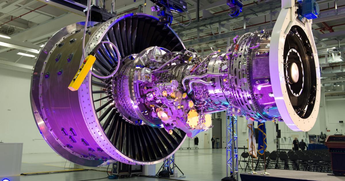 A PW1100G hangs on the new horizontal assembly line in Middletown, Connecticut. (Photo: Pratt & Whitney)