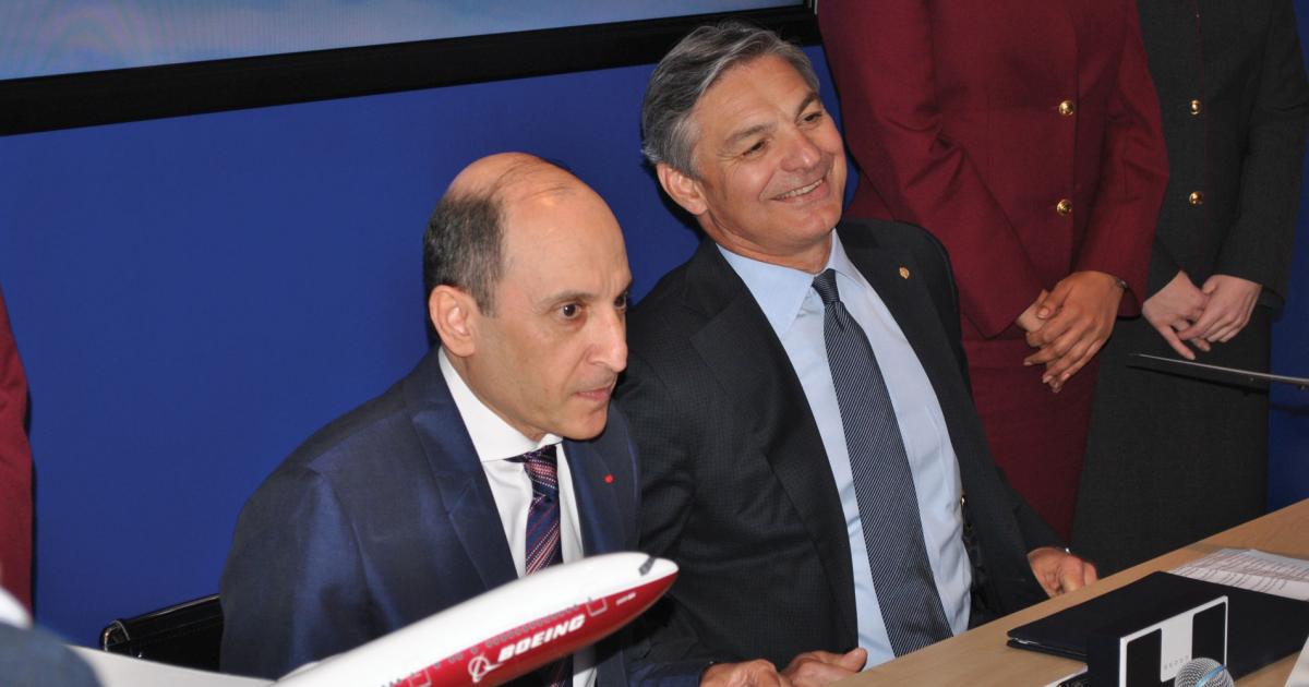 Qatar Airways CEO Akbar Al Baker (left), seated with Boeing Commercial Airplanes CEO Ray Conner, reminded his opponents that his orders for Boeing airliners support American jobs. (Photo: Gregory Polek)