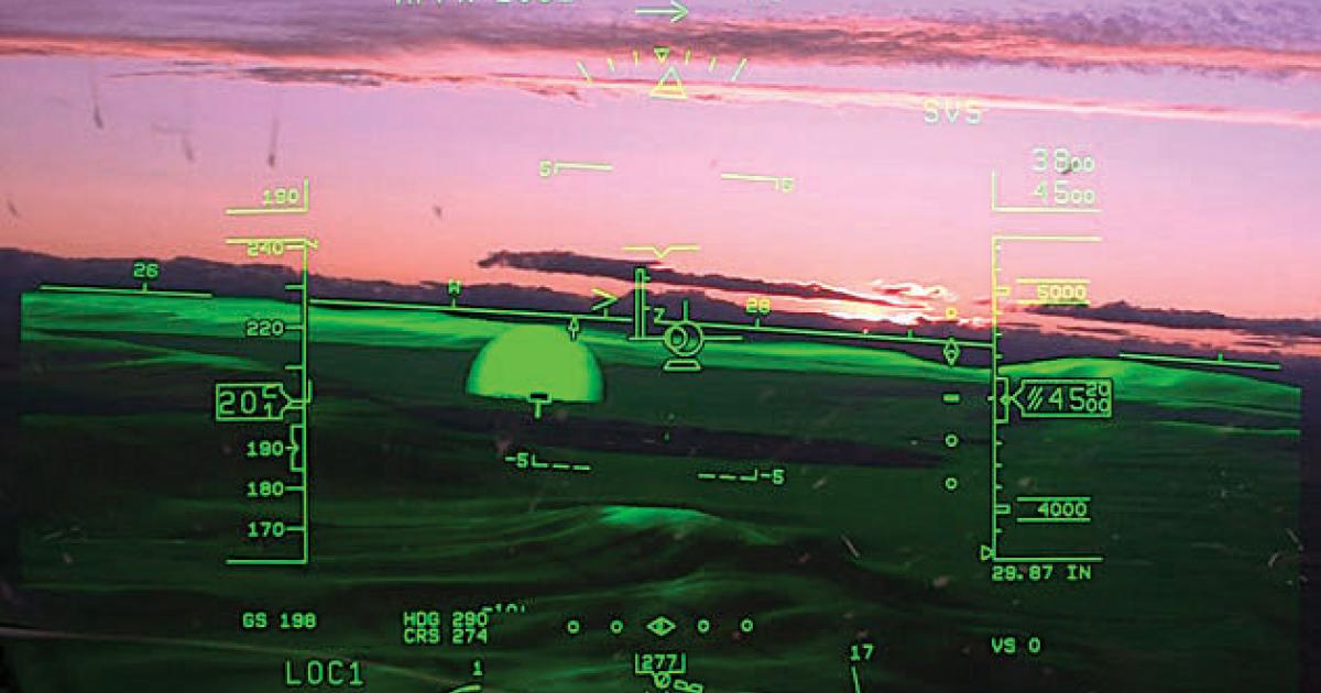 The pilot's view through the head-up display combiner glass looks like this, with the flight data display overlaid on synthetic-vision system imagery, enhancing awareness.