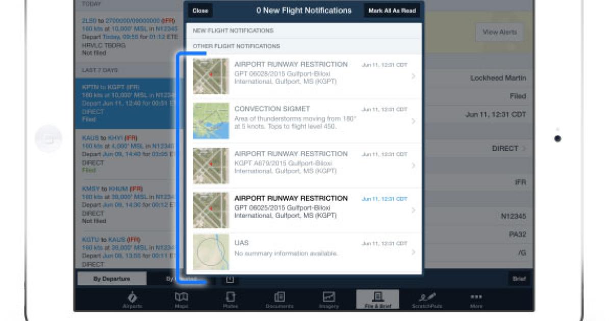 The previously announced Flight Notifications feature in ForeFlight now includes a graphic showing flight critical information to help pilots understand the alert. 