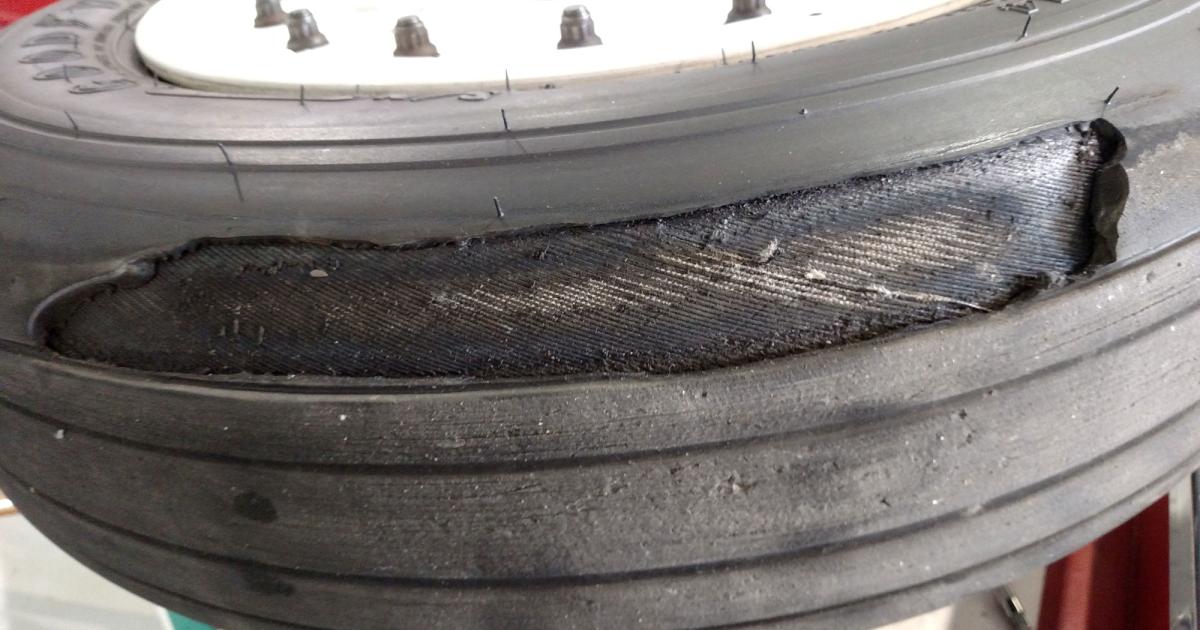 One Challenger 601 owner had a tire failure on landing that Goodyear attributes to braking-related skid through. He disagrees with that verdict and decided to investigate whether such failures are common. Photo shows failure of the same series tire on another Challenger.