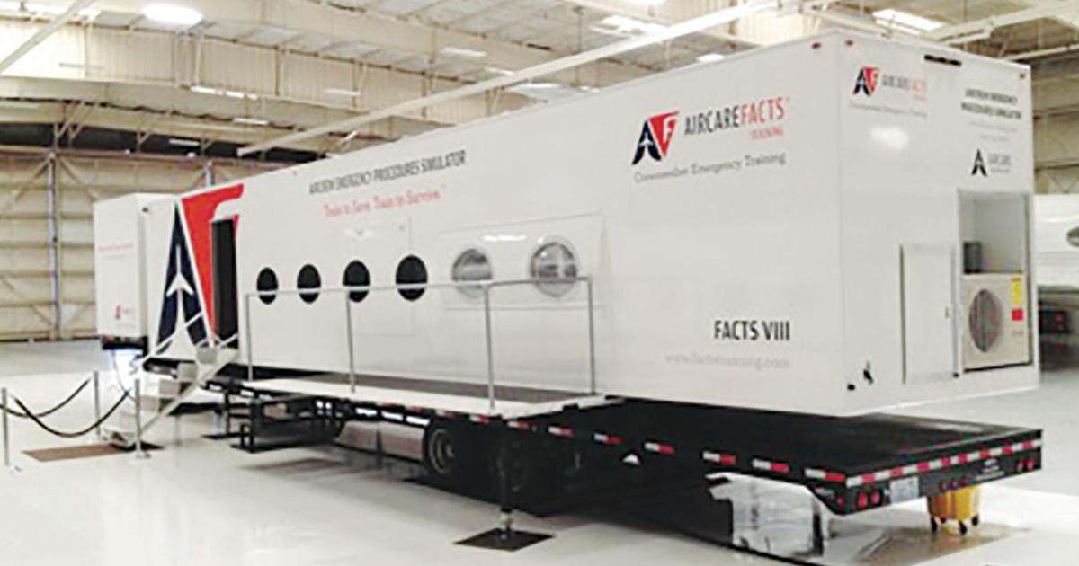 FACTS VIII is the latest and largest full-motion cabin simulator from Aircare International. The device moves to enhance the realism of a simulated emergency. At right, the RVS Plus facilitates video consultations.