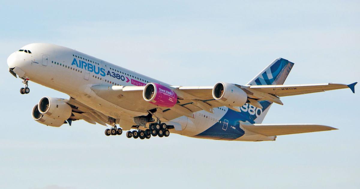 Rolls-Royce and Airbus expect to log about 120 hours’ flying over about nine months with the new 97,000-pound-thrust Trent XWB-97 engine for the stretched A350-1000 XWB on the airframe manufacturer’s A380 flying testbed.