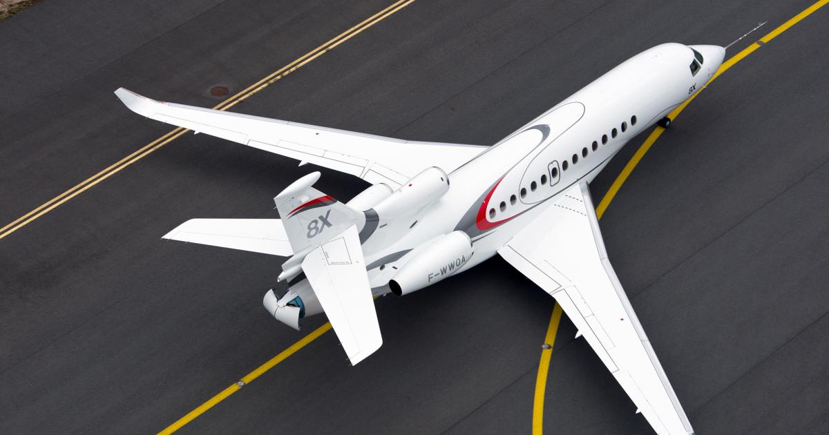 The in-development Falcon 8X is believed to be particularly well suited to the needs of Asian operators, notably due to its range that enables nonstop flights from Singapore to London. (Photo: Dassault Falcon)