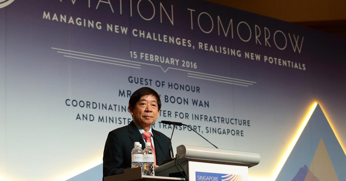Singapore transport minister Khaw Boon Wan addresses delegates at the Singapore Airshow Aviation Leadership Summit. (Photo: Singapore Ministry of Transport)