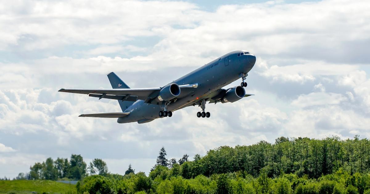 The EMD-3 aircraft, one of two 767-2C baseline tankers, joins the KC-46A flight-test program April 25. (Photo: Tim Stake, Boeing)