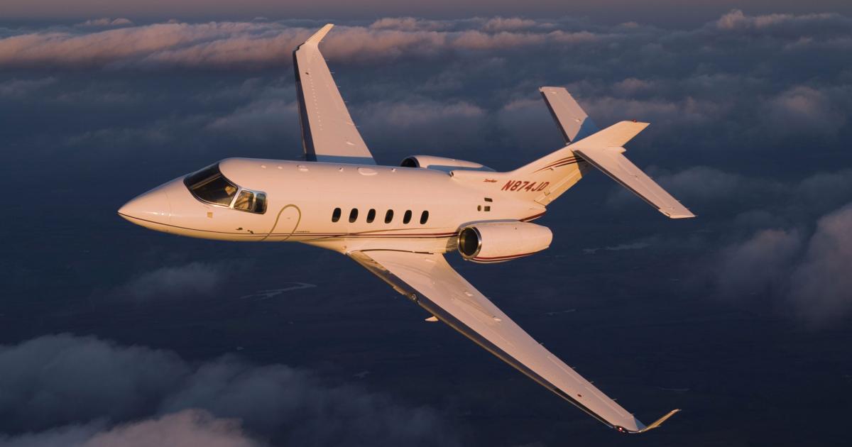 Retail transactions of pre-owned midsize business jets, such as this Hawker 850XP, were brisk in the first quarter, increasing by 16.1 percent, to 216, from a year ago. Large-cabin transactions were also up, rising 11.3 percent, while those for light and very light jets plunged by 10.3 percent and 25 percent, respectively. (Photo: Beechcraft)