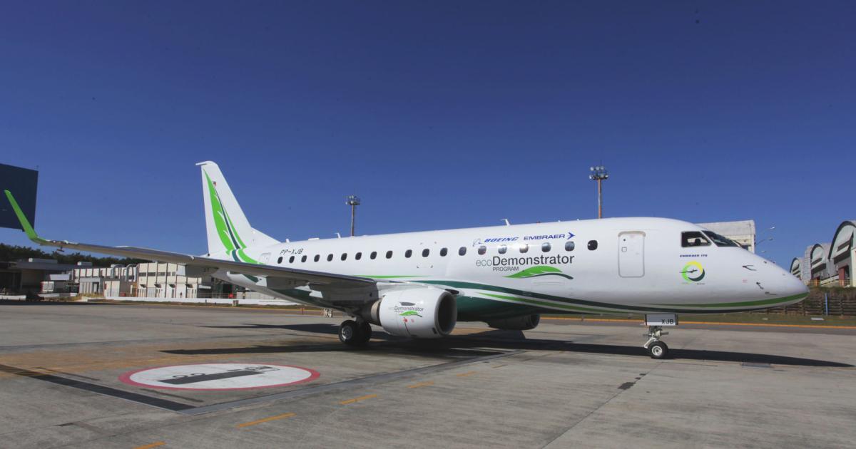This E170 is part of a joint Boeing/Embraer project to demonstrate eco-friendly technologies.