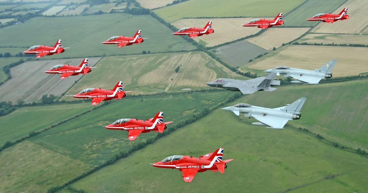 A Royal Air Force F-35B and two Typhoon fighters have been flying in formation with the Red Arrows over the Royal International Air Tattoo this past weekend. A similar formation will open the Farnborough 2016 show today.