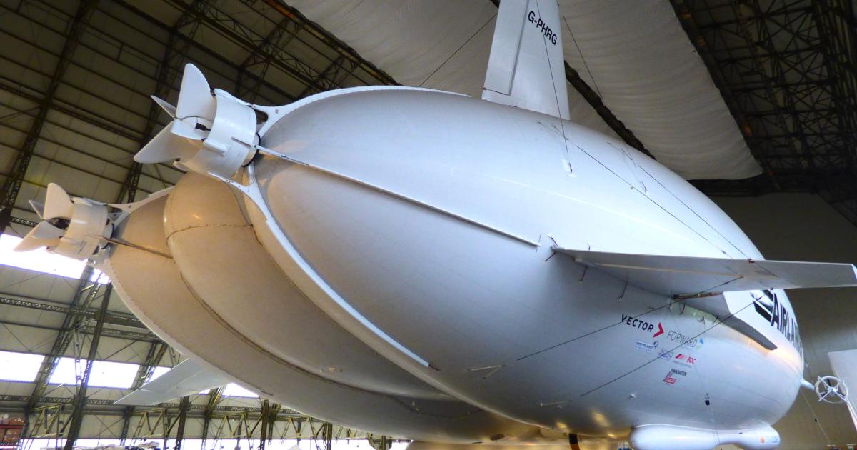 Hybrid Air Vehicles’ Airlander 10 airship is shown in the company’s hangar at Cardington earlier this year after reassembly.