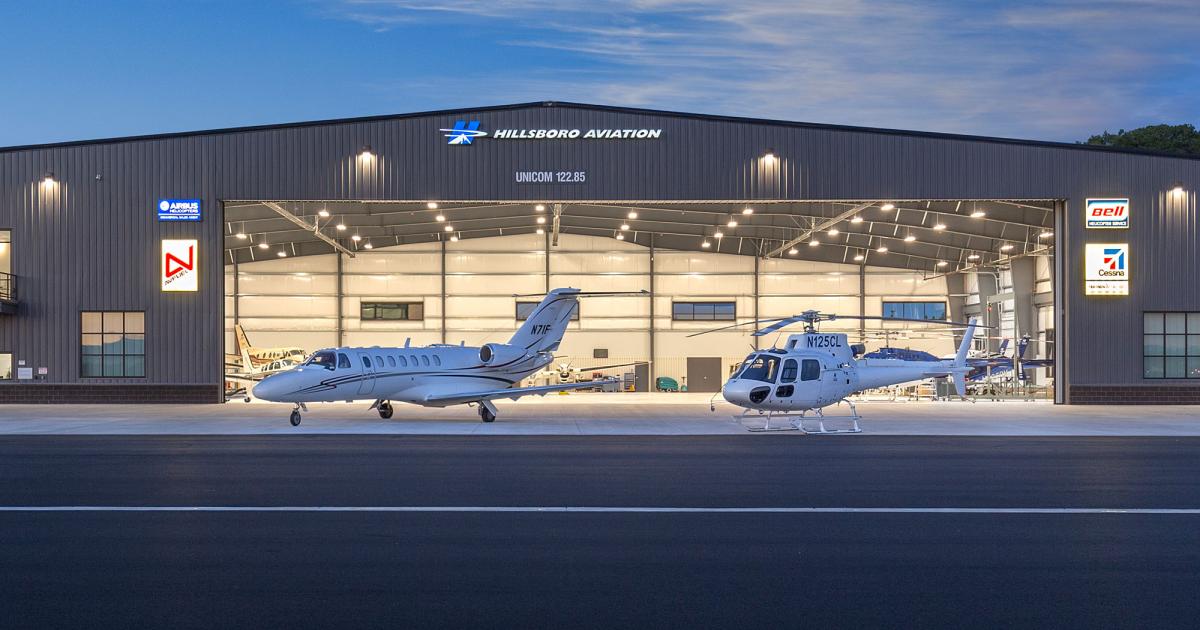 Hillsboro Aviation's expansion at KHIO includes a 32,000-sq-ft hangar. (Photo: Hillsboro Aviation)