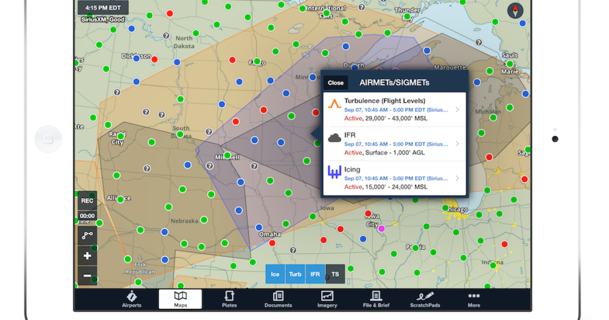 ForeFlight Mobile app users can now display SiriusXM weather products on the iPhone and iPad using SiriusXM's SXAR1 GPS/satellite weather receiver.