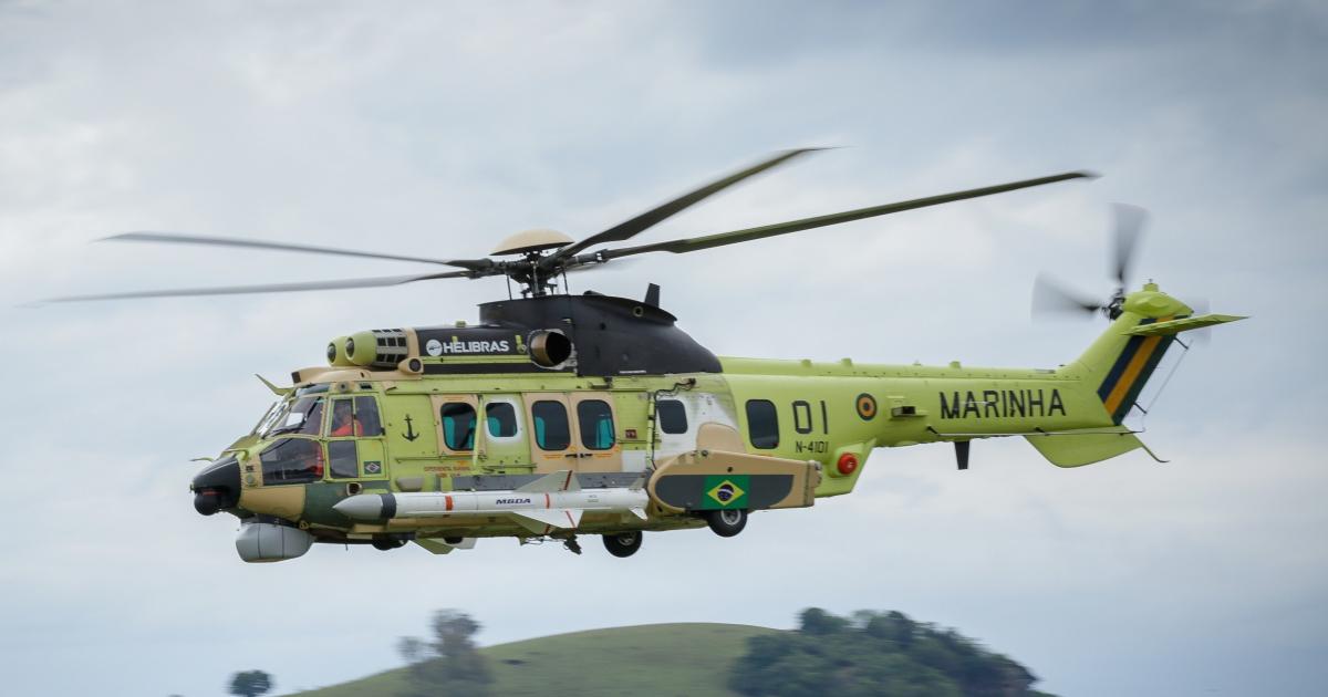 The first H225M modified for naval combat is shown flying with APS-143 radar and Exocet missiles fitted. (Photo: Airbus Helicopters)
