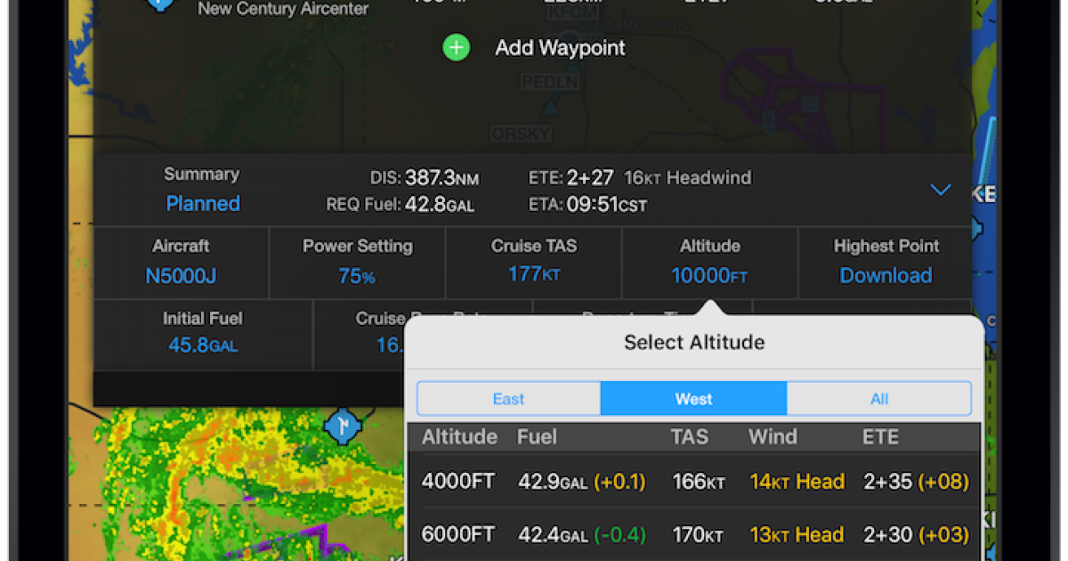 Garmin Pilot 8.5 allows users to select the optimum altitude based on forecast winds aloft information.
