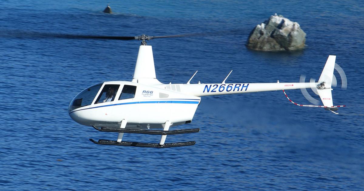 While Robinson Helicopter's delivery numbers were down last year, the average unit price sold increased substantially thanks to customer-specified options such as the Garmin G500H glass panel, Aspen autopilot and, as seen on this R66, pop-out floats. (Photo: Robinson Helicopter)