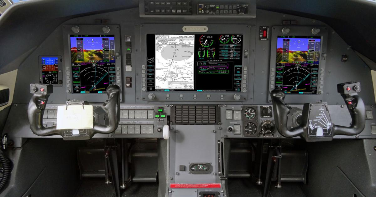The newly STC'd IS&S NextGen Flight Deck for the PC-12 includes two eight- by 10-inch LCD primary flight displays and a 13- by 10-inch LCD multifunction display, as well as dual SBAS GPS receivers that enable LPV approach capability. (Photo: IS&S)