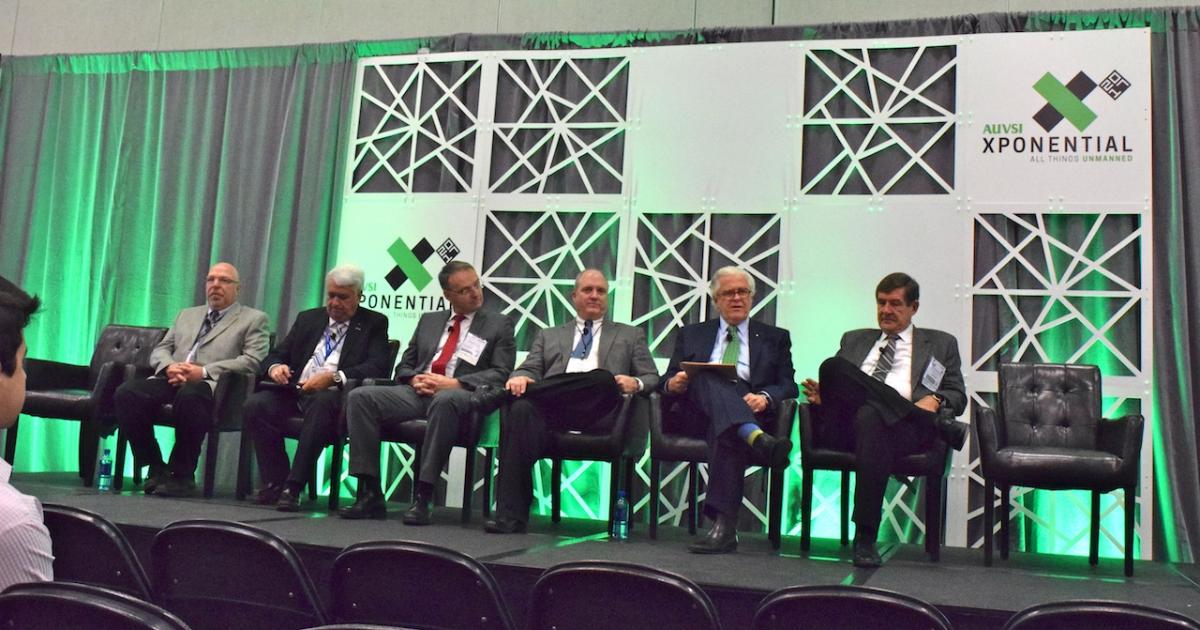 Principals in developing standards for unmanned aircraft speak during the Xponential 2017 conference in Dallas. (Photo: Bill Carey)