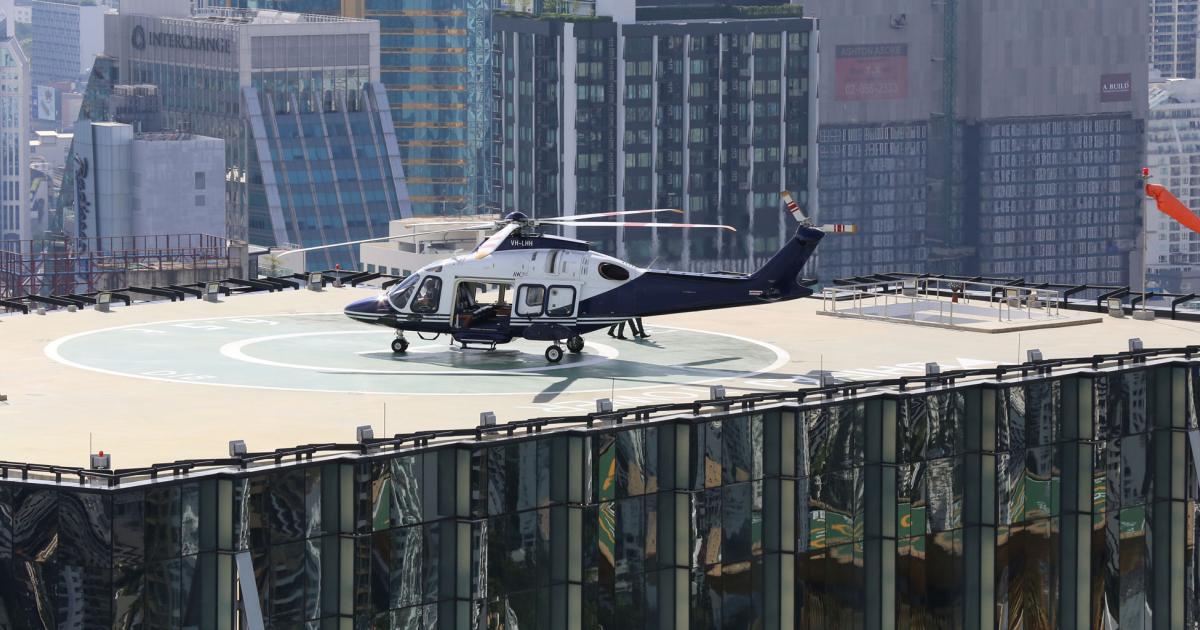 Executive-configured Leonardo AW169s are carving out an increasingly strong market presence. Here, one of the twin-turbine rotorcraft perches on a Bangkok rooftop.