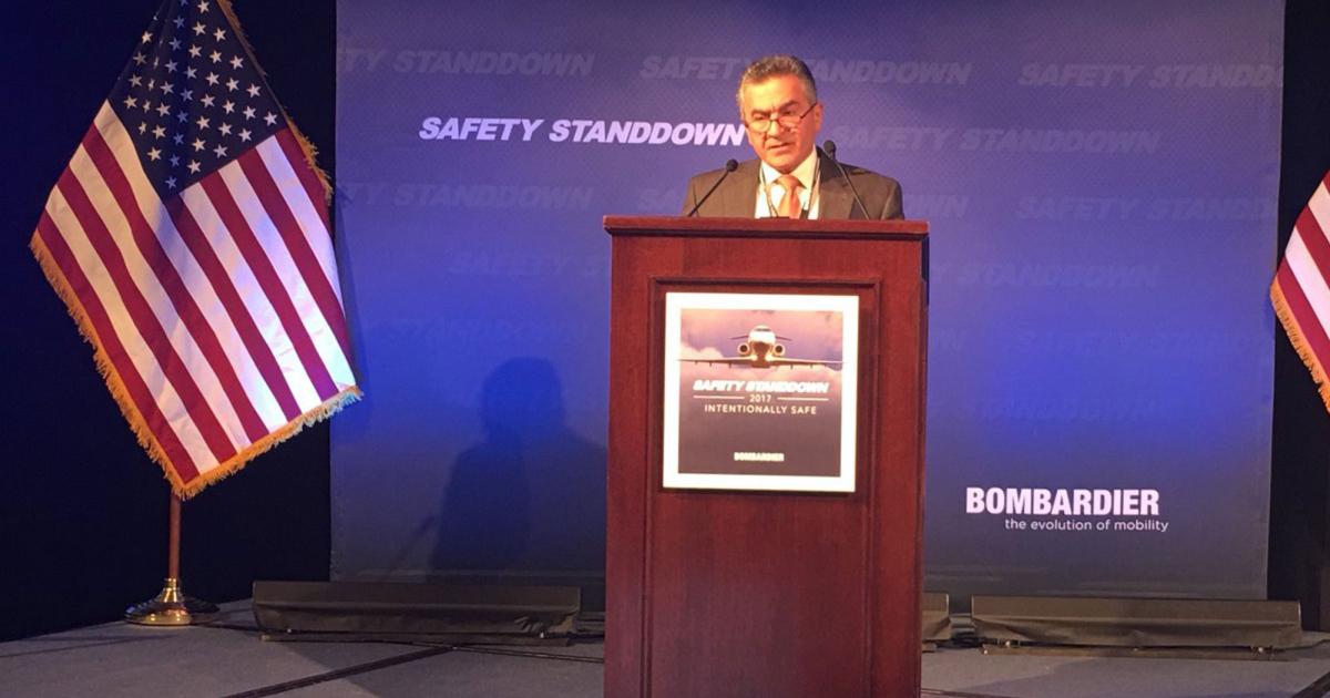 Bombardier Safety Standdown keynote speaker Ali Bahrami, the FAA associate administrator for aviation safety, called the annual event a “vital part of our industry” because it stops the clock and forces self-examination. He stressed the importance of sharing data, saying it is the only way to advance aviation safety. (Photo: Bombardier)