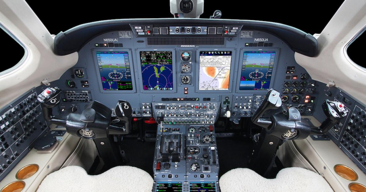 The Universal Avionics InSight Display System flight deck upgrade adds the latest technology to older Part 25 jets such as this Citation VII.