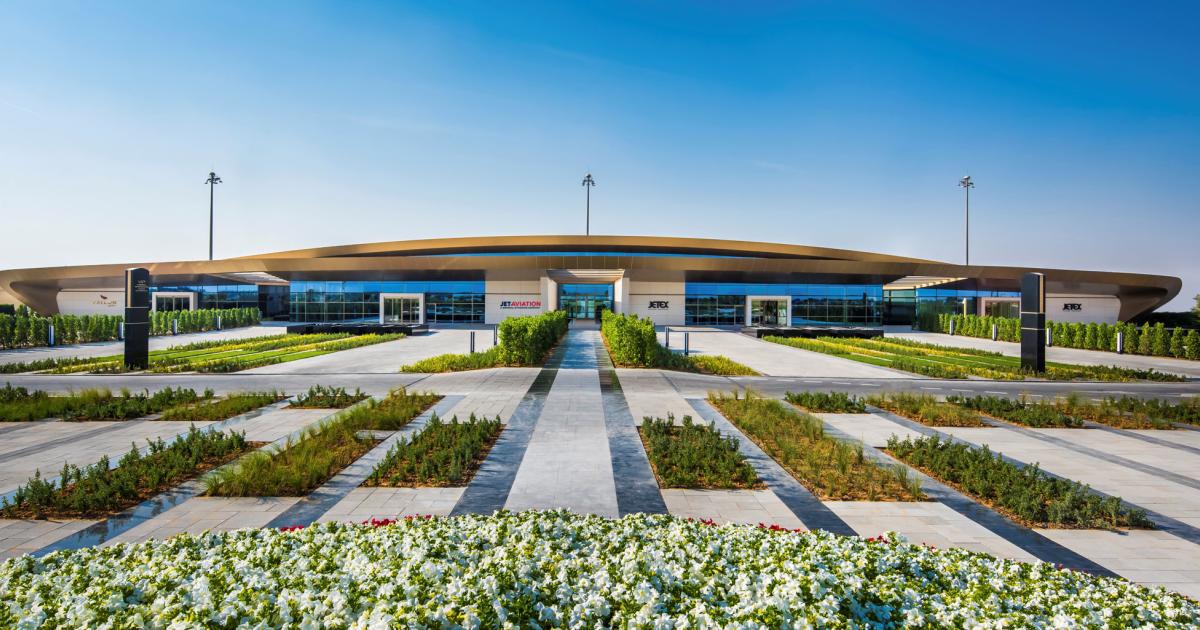 Jet Aviation’s new FBO facility at DWC features an oasis of greenery, brick and stone.