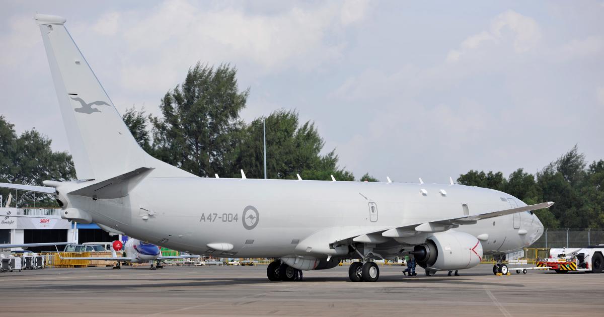 A Royal Australian Air Force Boeing P-8A Poseidon maritime patrol platform is shown on static display at the 2018 Singapore Airshow.
