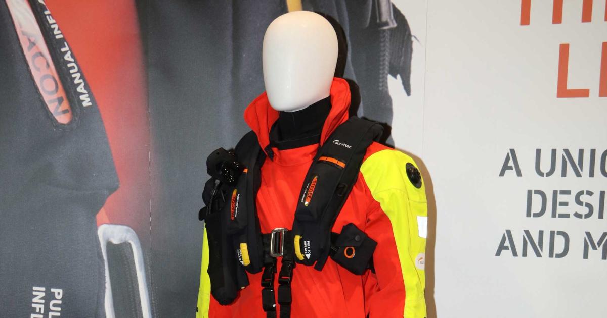 Survitec (Booth C1724) is unveiling a new life jacket and passenger suit this week at Heli-Expo. The Hybrid Ability Lifejacket and Oxygen (Halo) is the company’s next-generation Mk 5/51 product, and the Gen2 1000 series passenger suit holds ETSO, MED, and CE-PPE approvals. Both are on display, along with Survitec’s 1000 series aircrew suit, the Arctic Suit, and the Mk16 and Smart coveralls.
