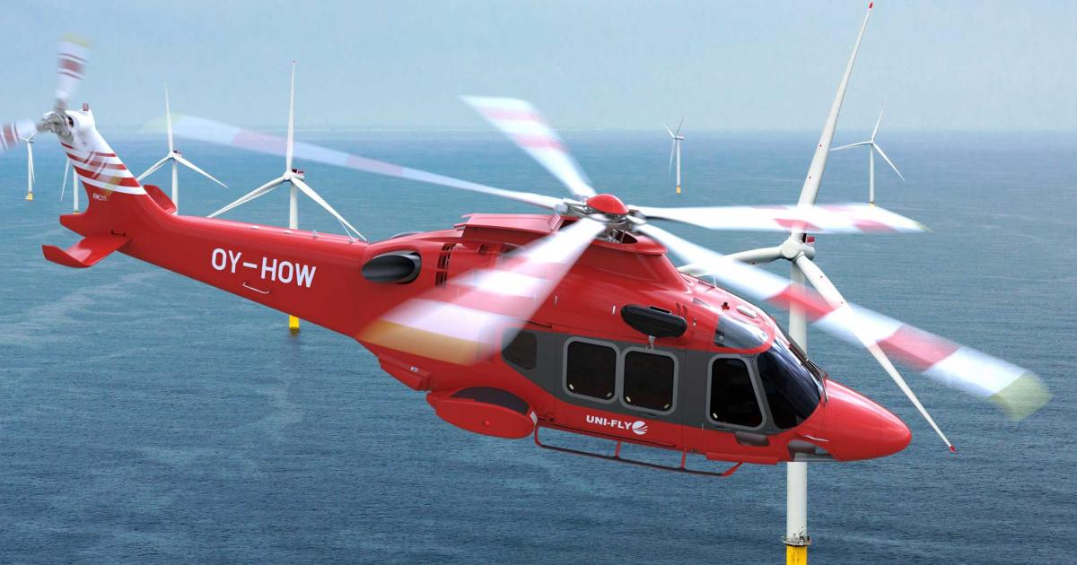 As global demand for renewable energy sources increases, helicopters such as this Uni-Fly AW169 are seeing increased use for installing and servicing wind turbines, which typically are sited 
in remote areas 
or offshore.
