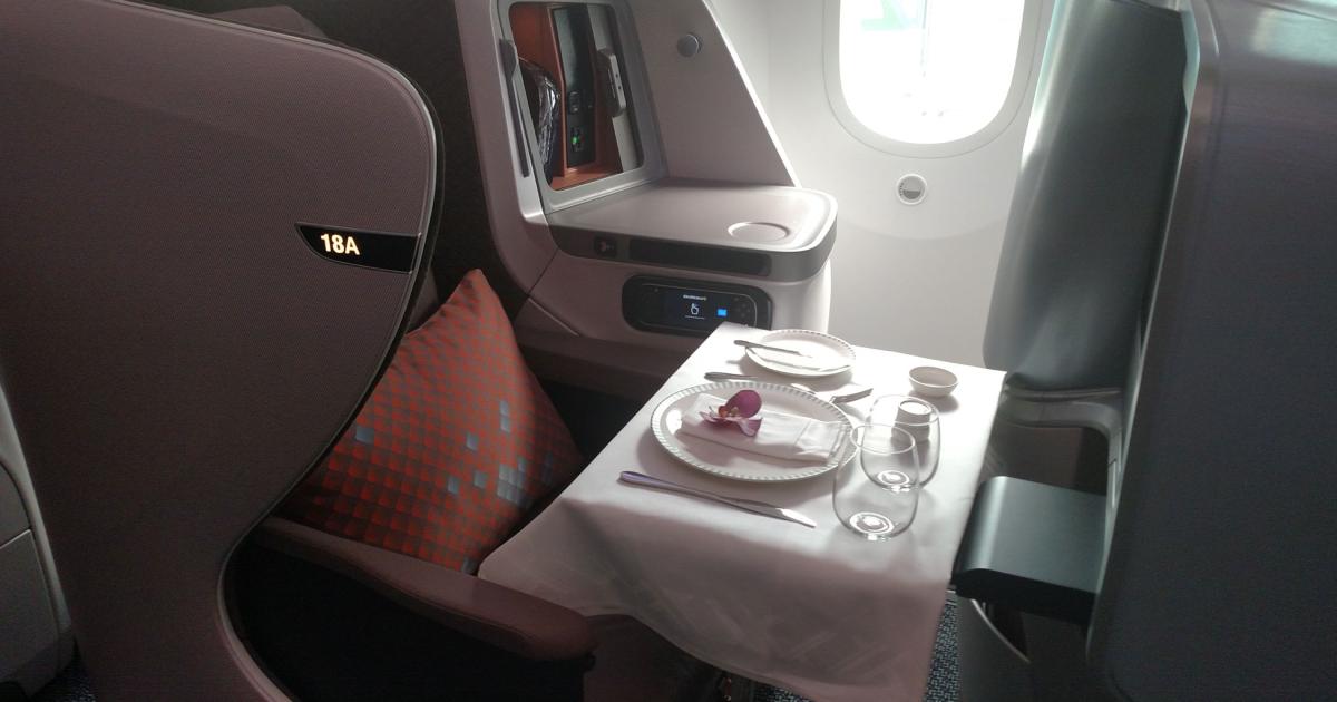 The premium-class layout of the 787-10 incorporates a one-two-one staggered configuration to provide all passengers access to the aisle. Privacy partitions can be raised between the center premium-class seats.