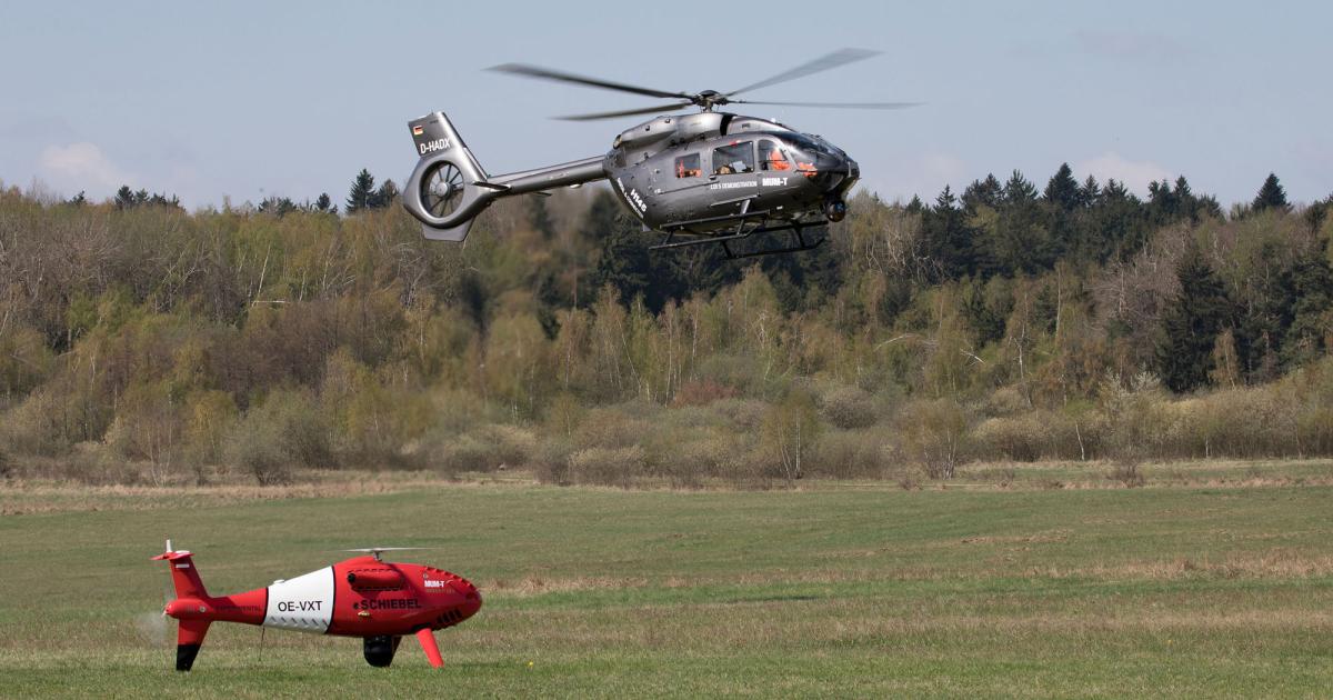 Manned-unmanned teaming capabilities were recently tested using an Airbus Helicopters H145 and a Schiebel Camcopter S-100 unmanned air system (UAS). The S-100 was controlled and piloted by an operator sitting in the helicopter. (Photo: Airbus Helicopters)
