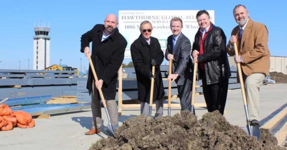 David Annin, general manager of Hawthorne Global Aviation Services' FBO at Chicago Executive Airport (2nd from right) is joined by Will Harton, the company's senior vice president of development (center) and local officials, at the groundbreaking of a new 33,000 sq ft hangar at the Chicagoland airport.
