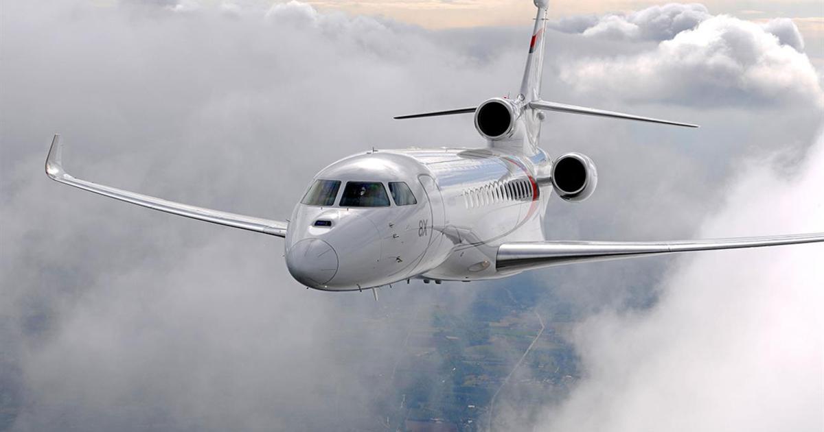 At 27.97 flight hours, business aircraft utilization marked the highest average level in any first quarter since 2008, according to maintenance support provider Jet Support Services Inc. (JSSI). (Photo: Falcon 8X, Dassault Aviation)