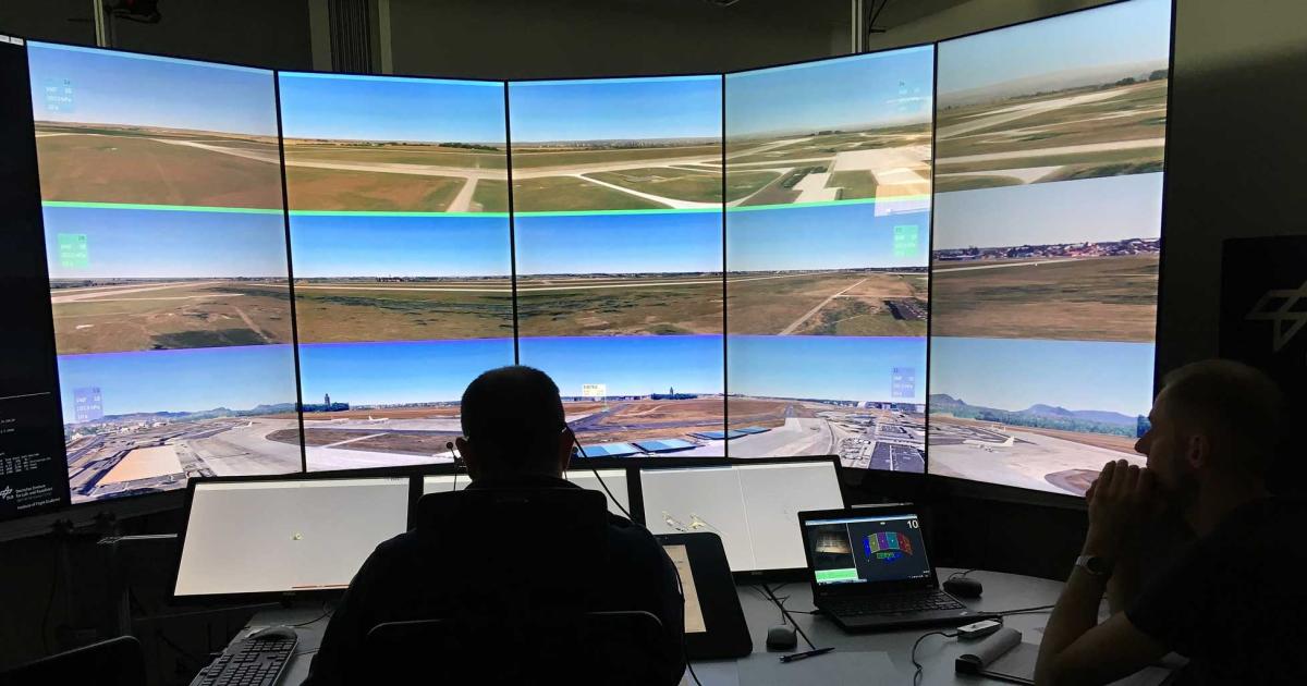 During remote-tower simulated exercises, air traffic controllers used three-screen outside view technology with pan-tilt-zoom capability. 