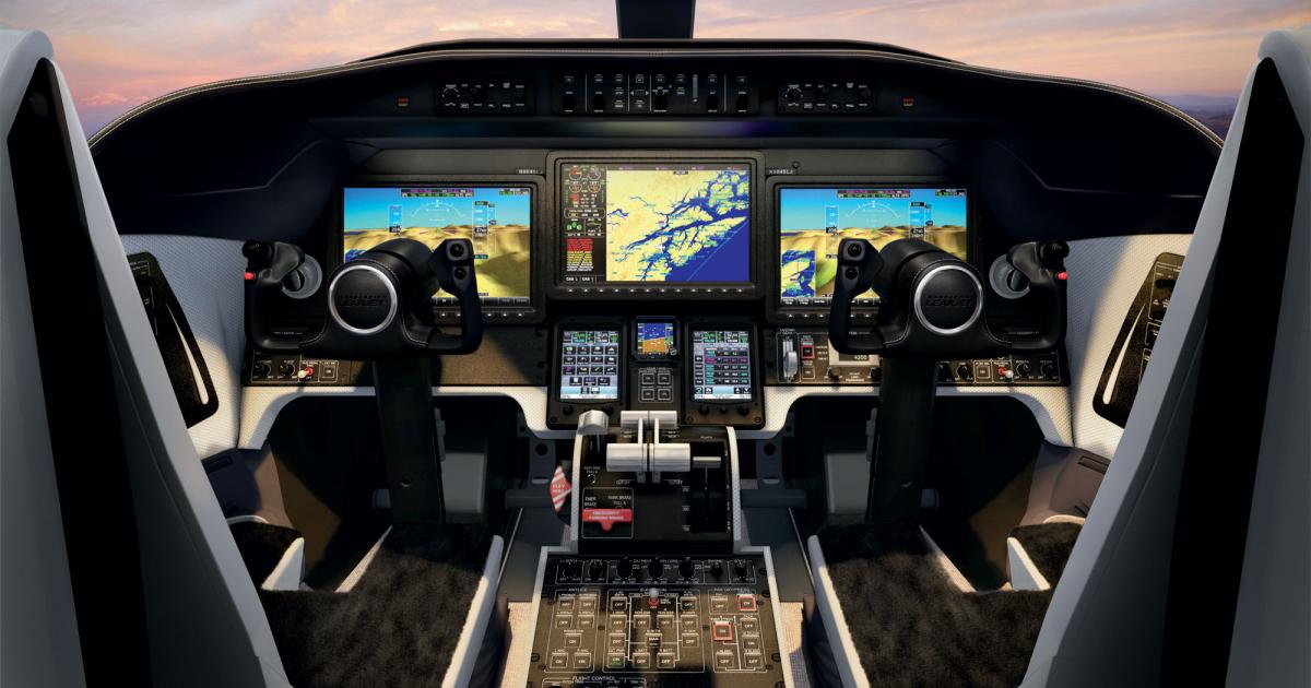 The Garmin G5000 avionics on board the Bombardier Learjet 70/75 are getting an upgrade that help to lower pilot workload and make the light jet ready for FANS 1/A+ operations. (Photo: Bombardier)