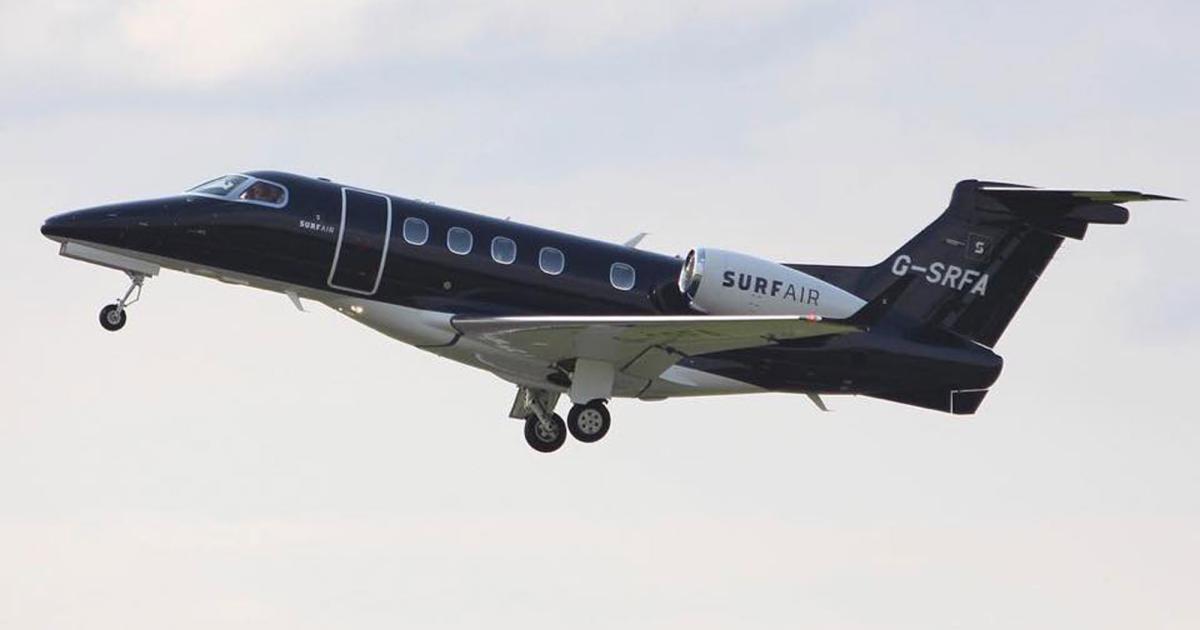 Surf Air began operations in Europe early last year with an Embraer Phenom 300 operated by Flairjet, but was more recently using a Citation Mustang flown by Gama Aviation before it ceased operations in the region in late November. (Photo: Surf Air Europe)