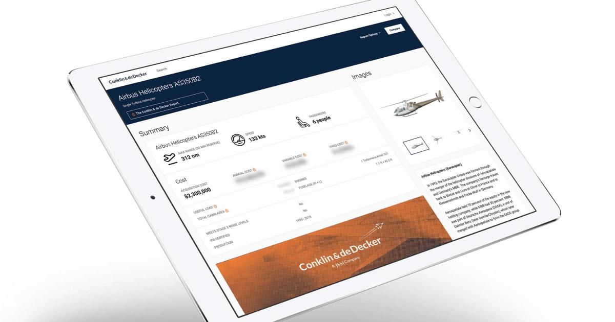 Aviation research provider and consultancy Conklin & de Decker's aircraft comparision tool, is now available to the rotorcraft industry online and through the company's mobile application.