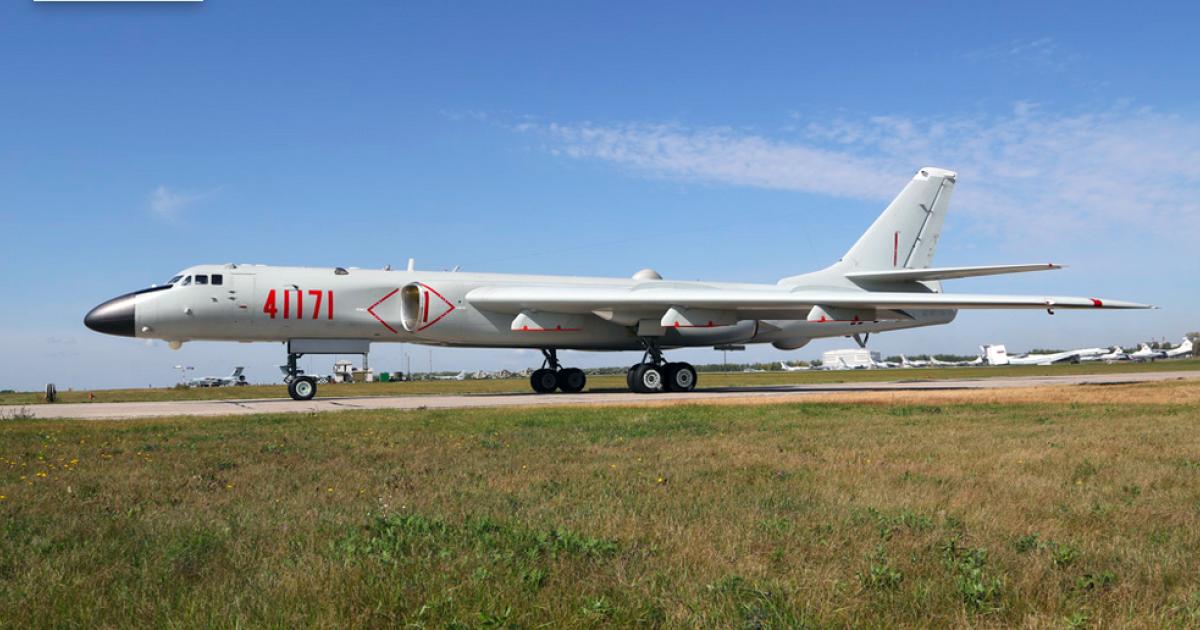 Spearheading the PLAAF participation was the Xian H-6K, a Chinese-developed version of the Tupolev Tu-16 “Badger” that is equipped for missile launch. The type was making its second appearance at Aviadarts. (Photo: Russian ministry of defense)