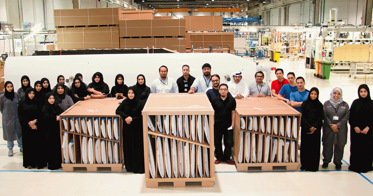 Strata Manufacturing, a subsidiary of Mubadala Investment Company, celebrates delivery of its first shipset of composite 777X empennage ribs.