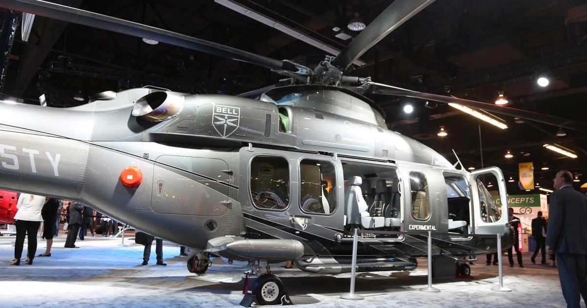 With four Bell 525s in the flight test program, Bell flew serial number 15 to Anaheim for display at its Heli-Expo booth. The super-medium 525 is equipped for oil-and-gas operations, with seats for 16 passengers and a production-conforming interior. 