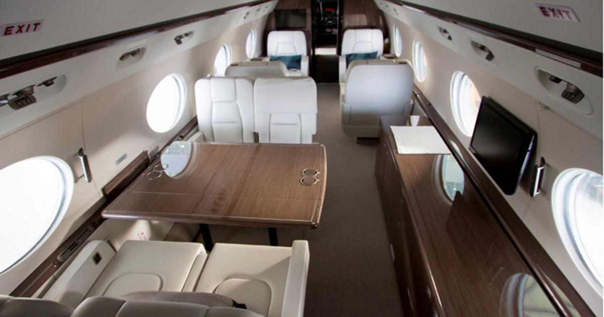 The elegant interior of this Gulfstream G550 is available for Jet Aviation charter customers flying long-range routes