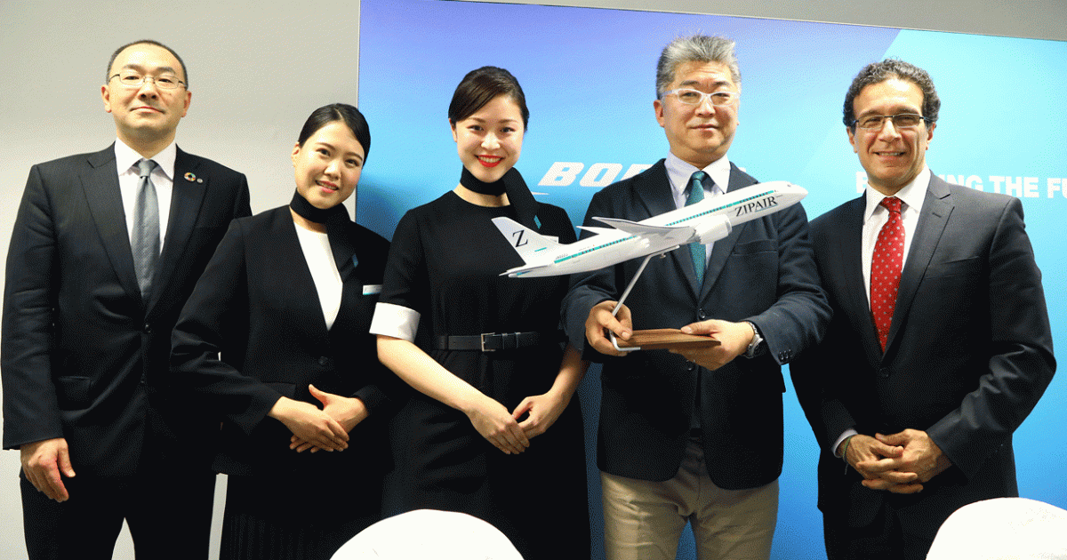 Celebrating the launch of LCC Zipair are Japan Airlines’ Ryo Tamura (left),  Zipair president Shingo Nishida (center right), and Boeing SVP Ihssane Mounir (right).