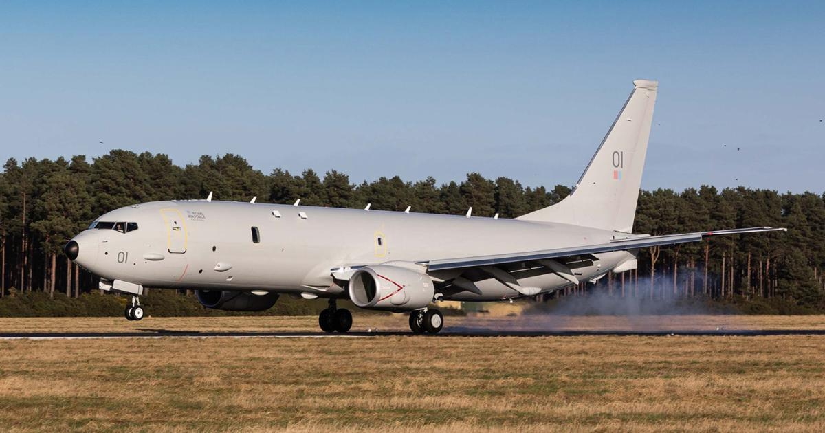 The RAF's first P-8A touches down on UK soil for the first time at Kinloss on February 4. (photo: Royal Air Force)
