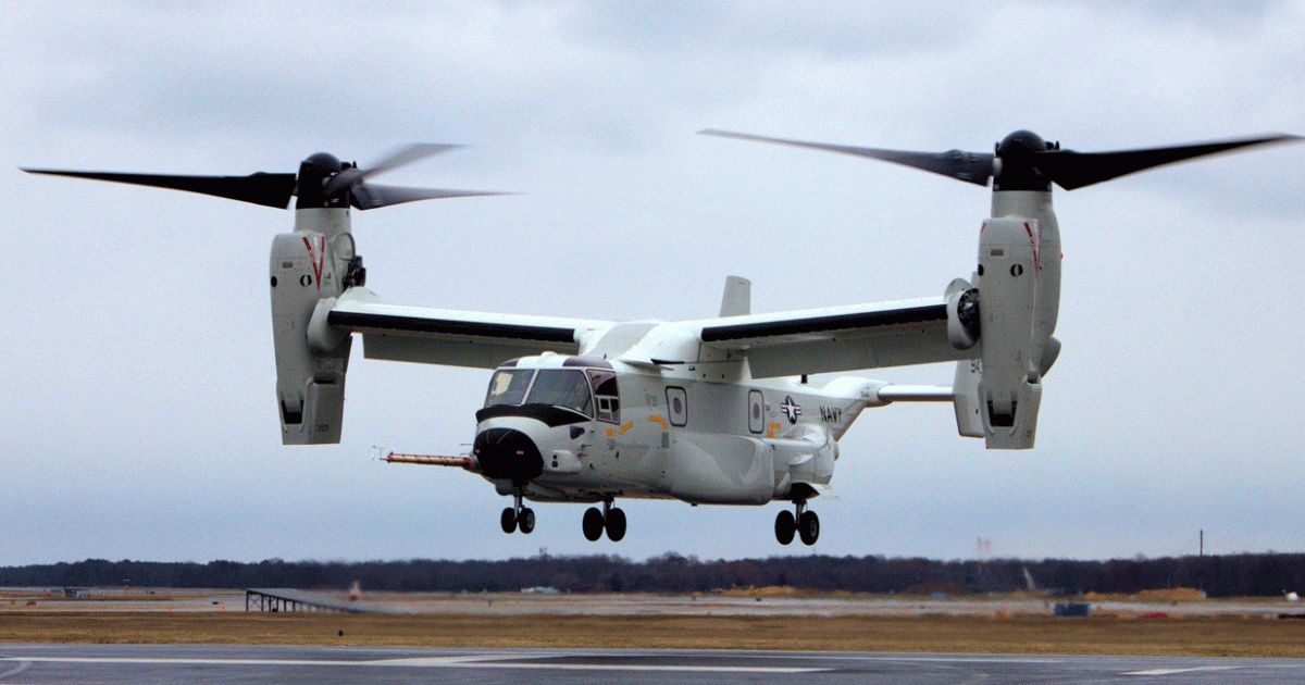 The first CMV-22B arrives at Patuxent River after its ferry flight from Amarillo.
