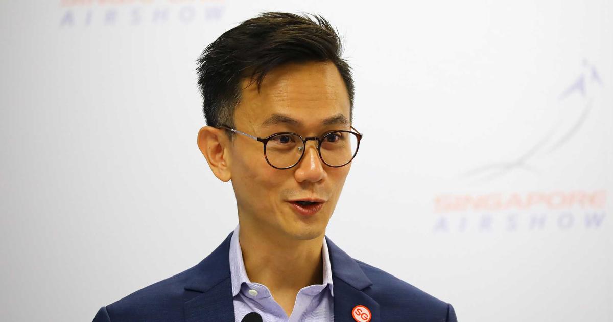 Tan Kong Hwee, assistant managing director of the Singapore Economic Development Board (EDB), speaking to reporters on Sunday before the opening of Singapore Airshow 2020. (Photo: David McIntosh/AIN)