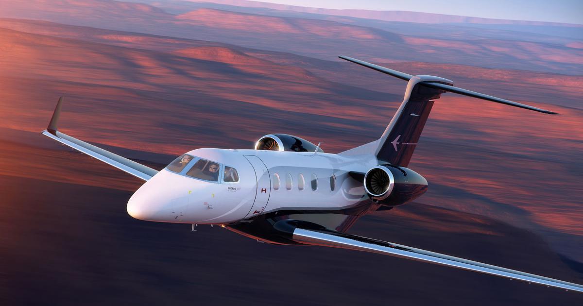 March business aviation flight hours fell 12.9 percent month-over-month in March as the Covid-19 crisis took hold, according to JSSI's latest business aviation index. Light jets, such as this Embraer Phenom 300E, were less affected than large-cabin jets, it said. (Photo: Embraer Executive Jets)