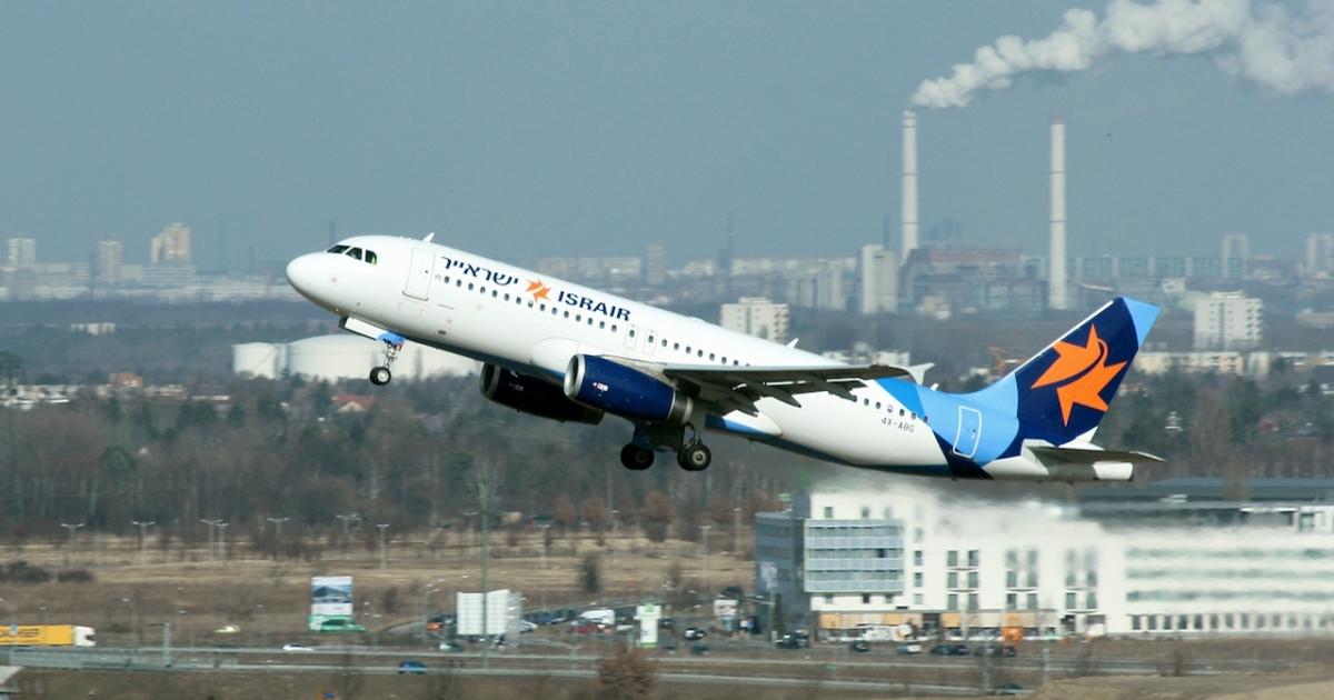 An Israir Airbus A320 takes off from Berlin Schonefeld Airport in July 2012. Israir remains the only airline to publicize its intention to fly between Israel and the UAE. (Photo: Flickr: <a href="http://creativecommons.org/licenses/by-sa/2.0/" target="_blank">Creative Commons (BY-SA)</a> by <a href="http://flickr.com/people/neuwieser" target="_blank">Neuwieser</a>)